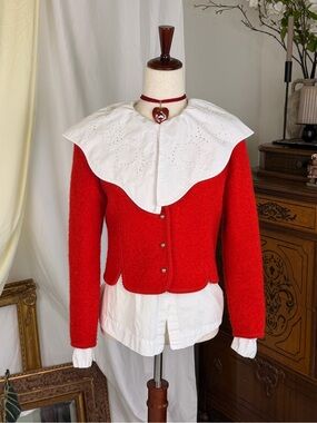 VTG 100% Wool Red Cropped Cardigan Blazer Retro Coquette 90s XS